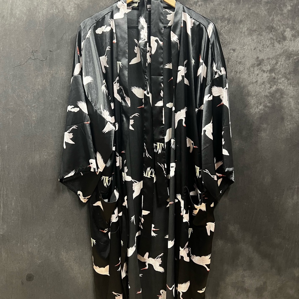 Black Kimono with Crane Print